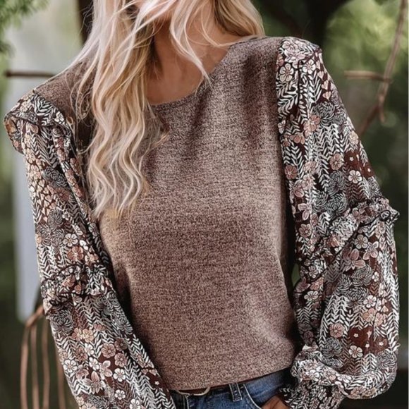 Contrast Frilled Floral Sleeve Top "BROWN" - Picture 1 of 4